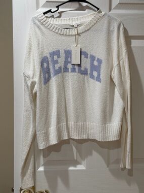 Z Supply Cream Crewneck Sweater with Light Blue 'BEACH' Graphic